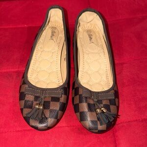 Victoria K Brown and Black Checkered Tassel Ballet Flats